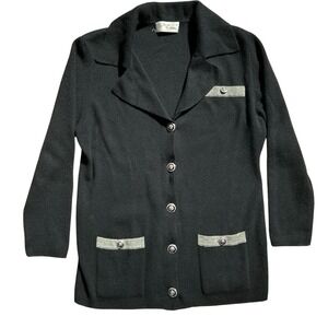 Vintage Pearls & Cashmere Cardigan Women Large Black Retro Preppy Classic Luxury